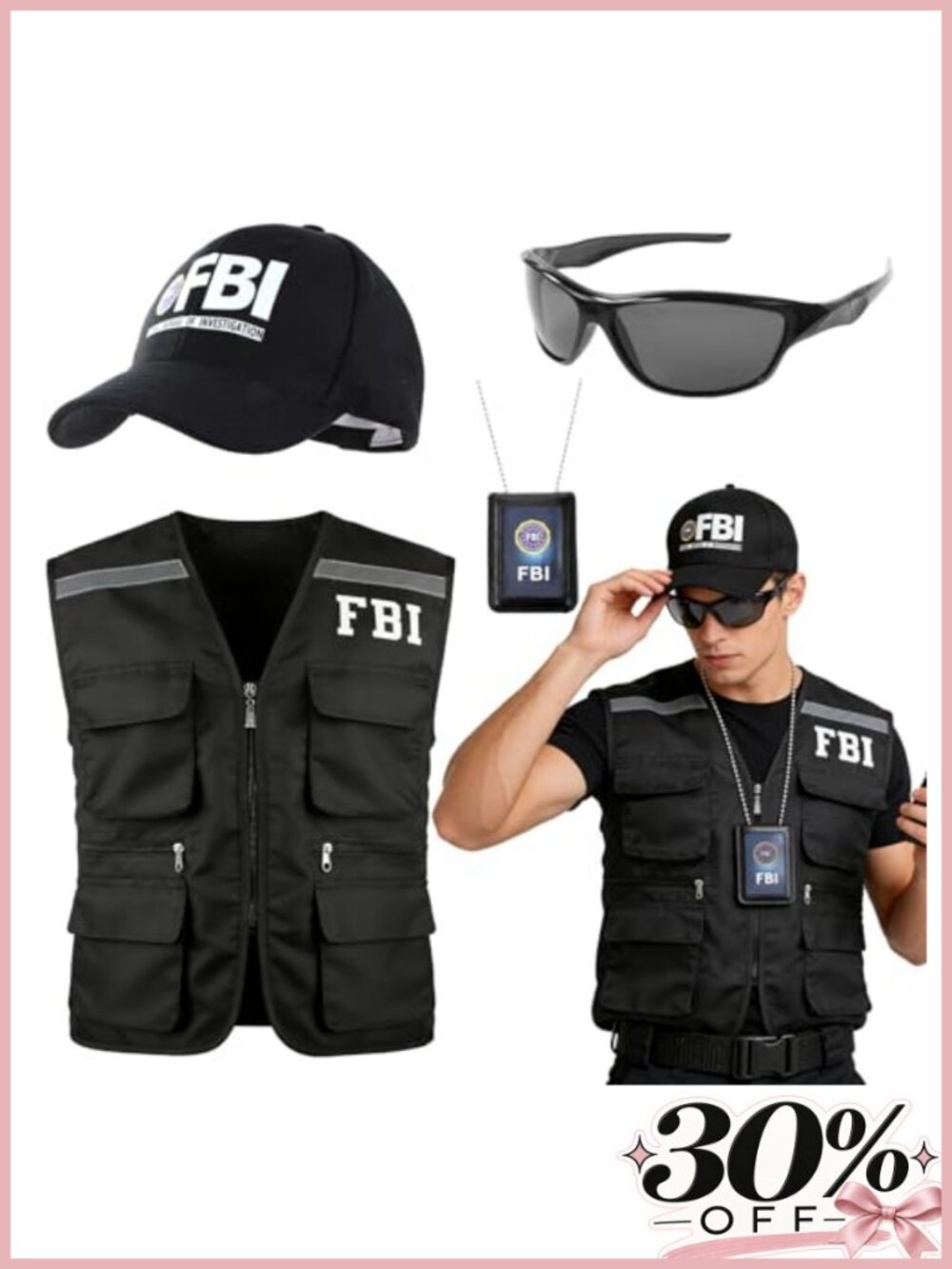 4pc FBI Agent Costume Set Vest Hat Badge Sunglasses Adult Roleplay